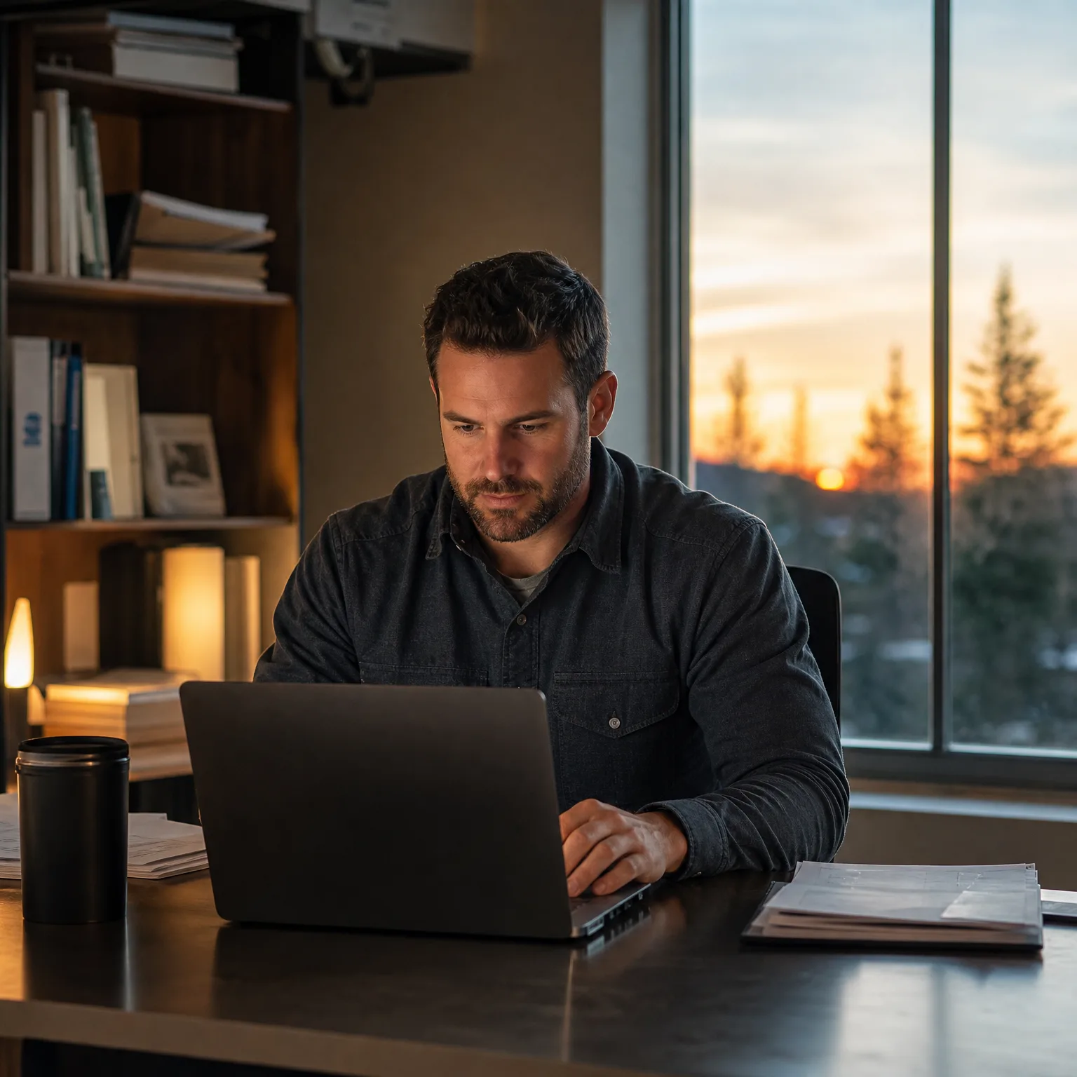 A bearded man in a dark shirt works on a laptop at a desk with a travel mug and papers, beside a large window showing conifers at sunset.
